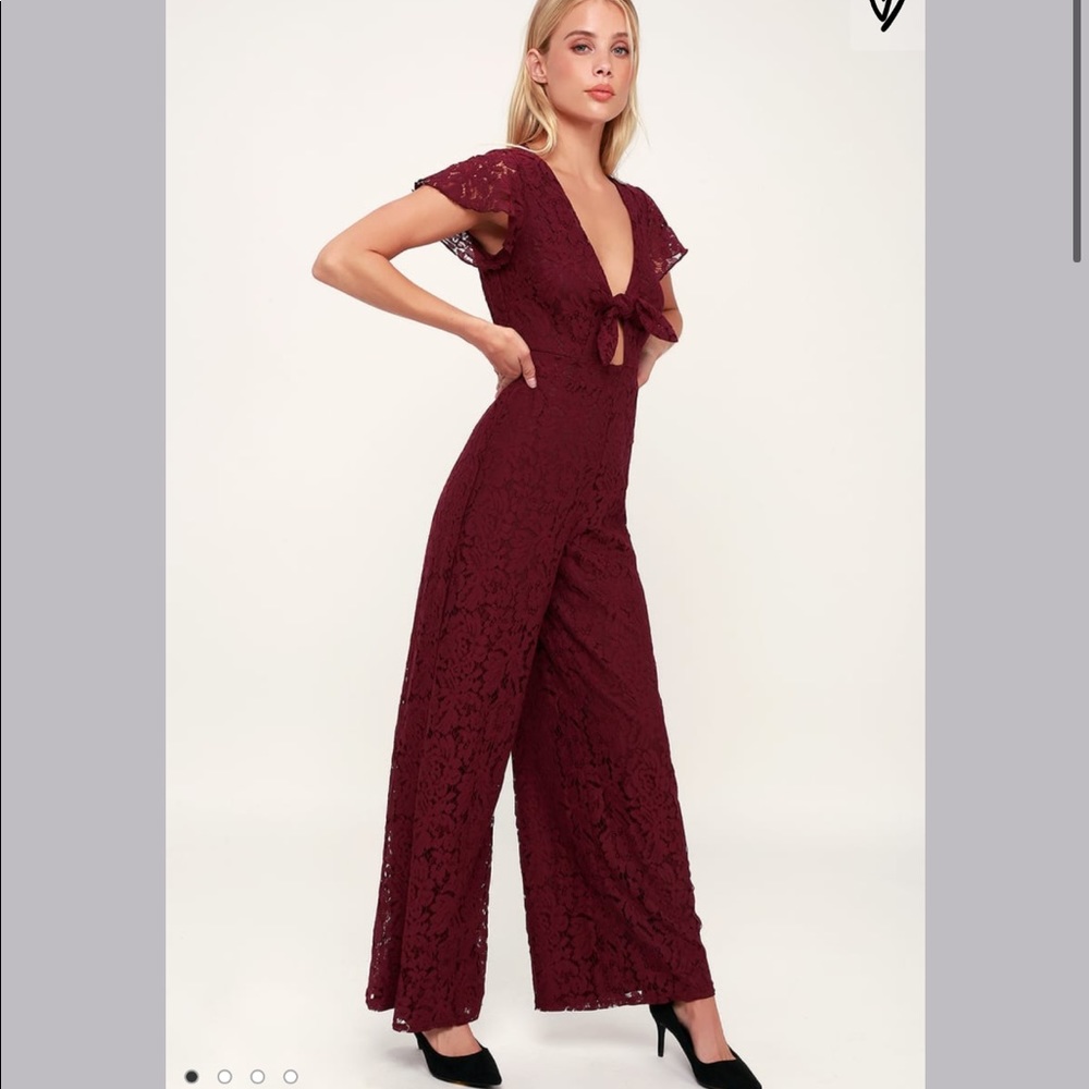 Wine Red Lace Tie-Front Short Sleeve Jumpsuit